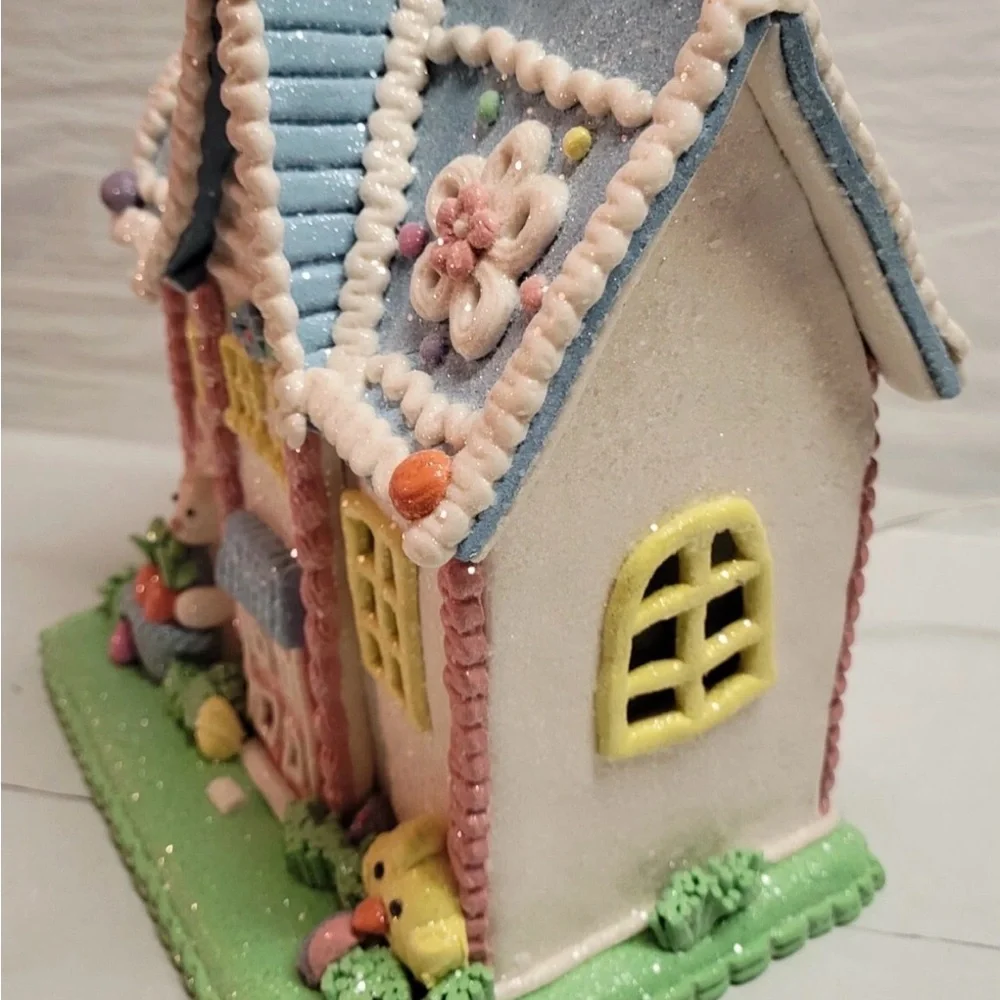 Easter Spring Clay Dough Light Up House 9” White Bunny In Glittered Gingerbread